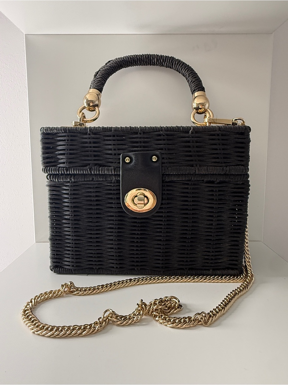 ZARA Black Woven Top-Handle Bag with Gold Chain